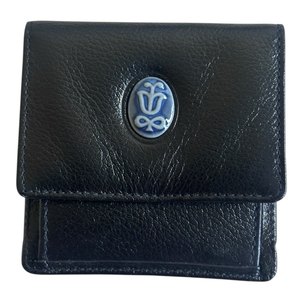 Vintage Lladro Society Black‎ Leather Coin Purse with Porcelain Logo & Pouch